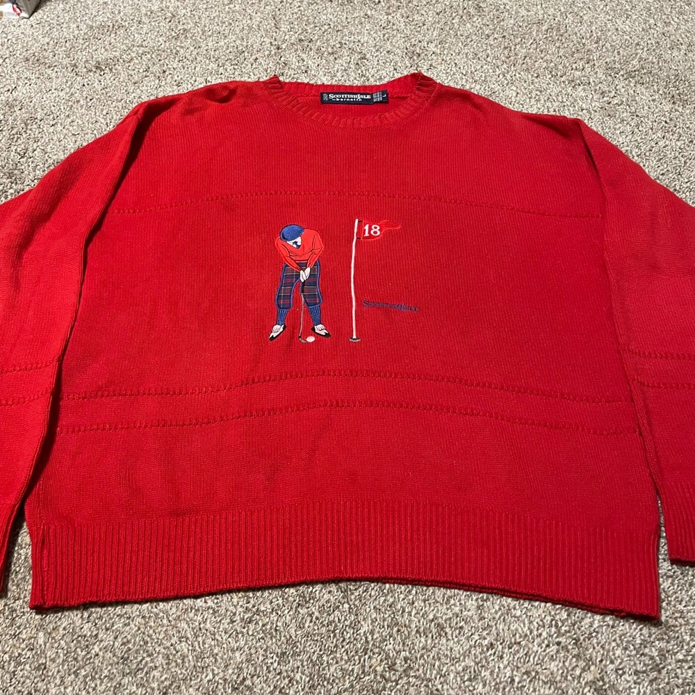 Scottish Isle by bernette Mens Red Golf Sweater L 100 Cotton